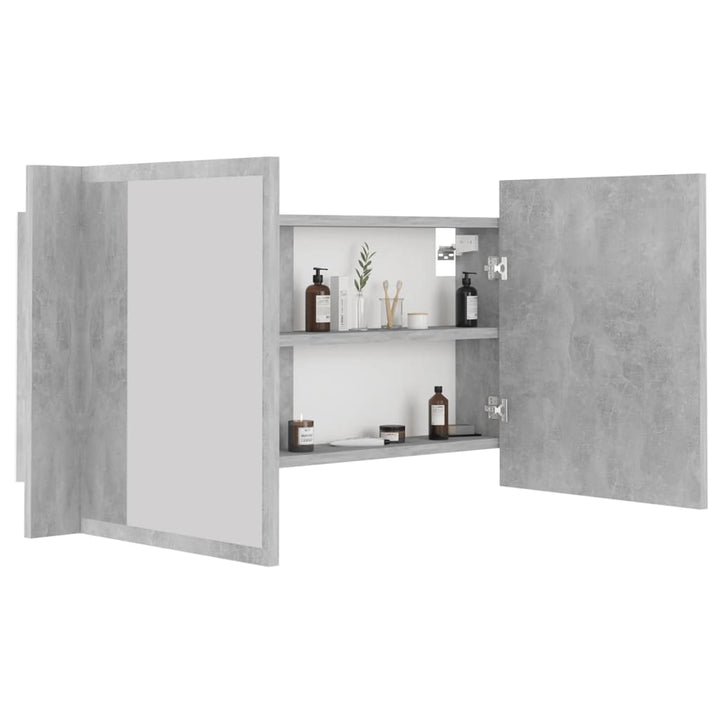badeværelsesskab m. spejl og LED-lys 90x12x45 cm akryl betongrå