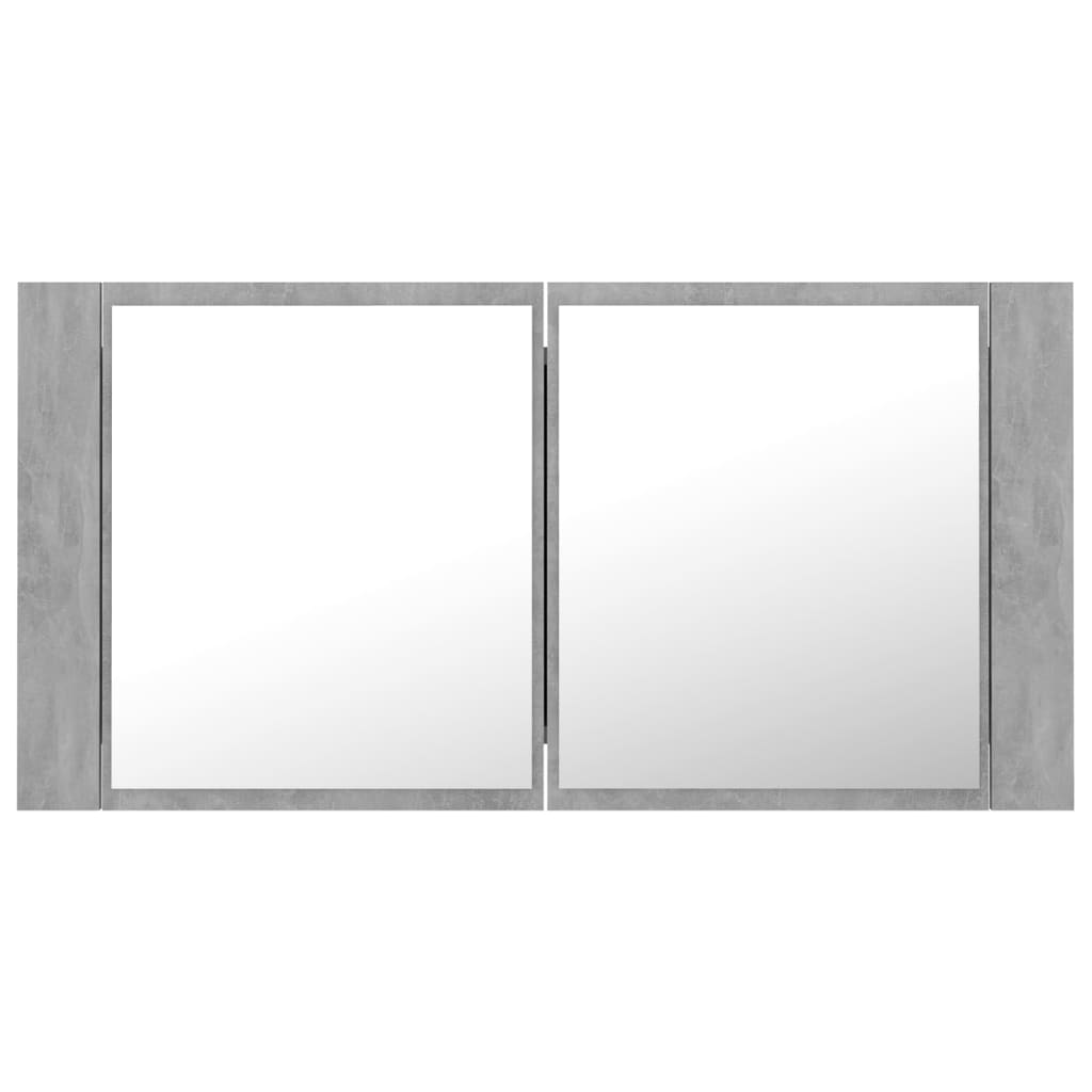 badeværelsesskab m. spejl og LED-lys 90x12x45 cm akryl betongrå