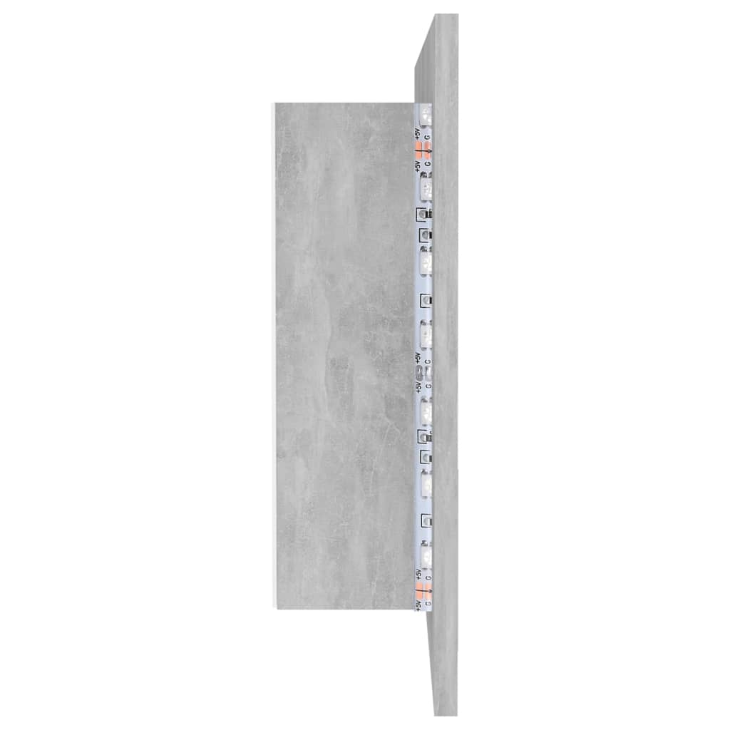 badeværelsesskab m. spejl og LED-lys 90x12x45 cm akryl betongrå
