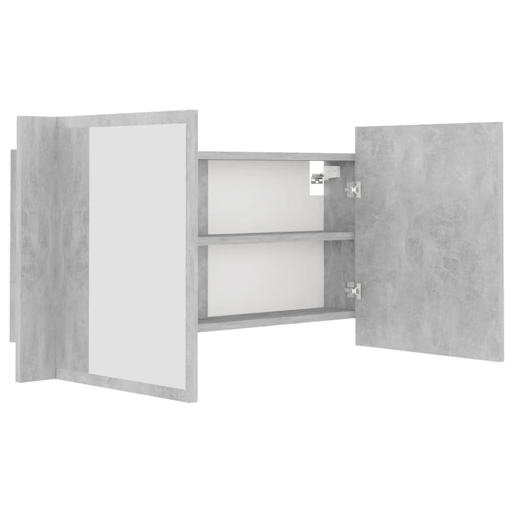 badeværelsesskab m. spejl og LED-lys 90x12x45 cm akryl betongrå