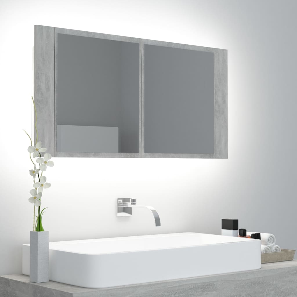 badeværelsesskab m. spejl og LED-lys 90x12x45 cm akryl betongrå