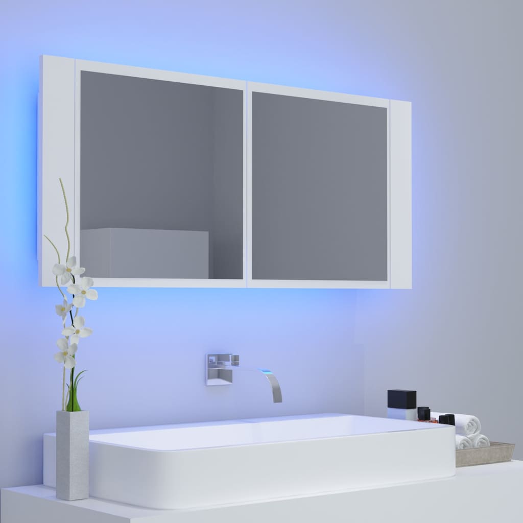 badeværelsesskab med LED-lys 100x12x45 cm akryl hvid
