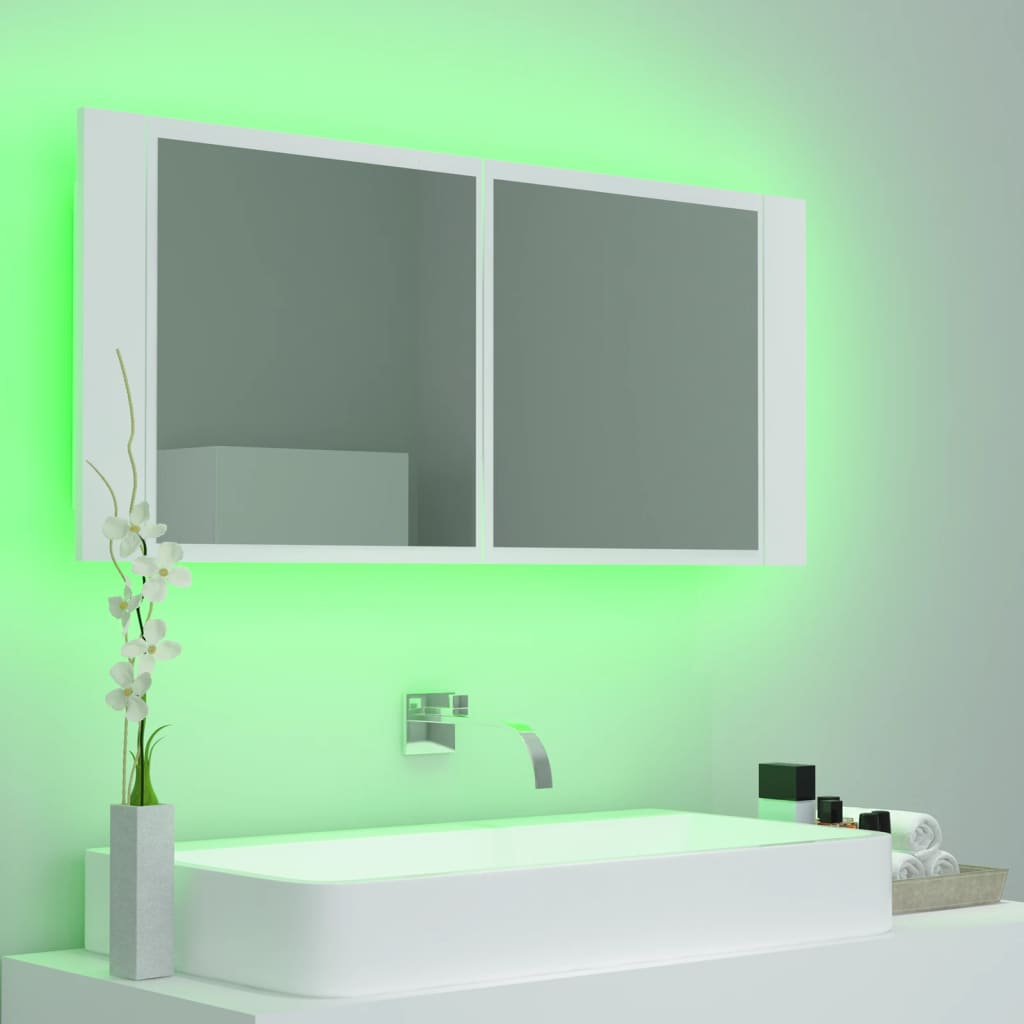 badeværelsesskab med LED-lys 100x12x45 cm akryl hvid