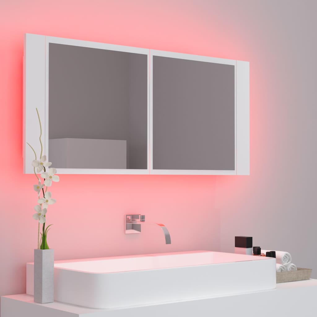 badeværelsesskab med LED-lys 100x12x45 cm akryl hvid