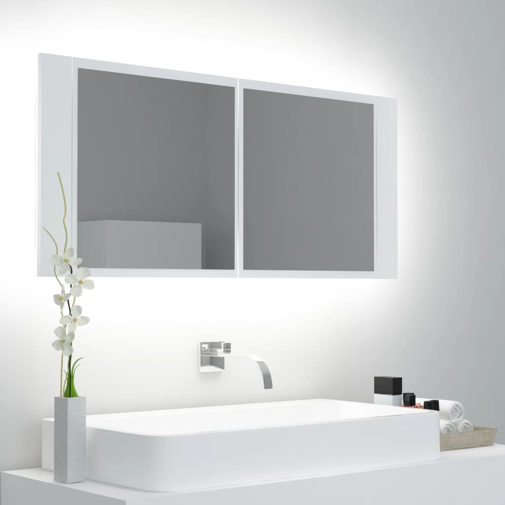 badeværelsesskab med LED-lys 100x12x45 cm akryl hvid