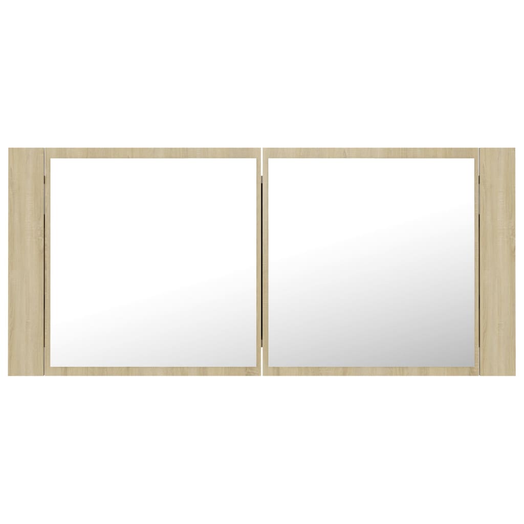 badeværelsesskab m. spejl og LED-lys 100x12x45 akryl sonoma-eg