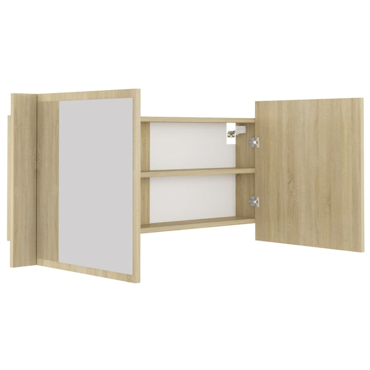badeværelsesskab m. spejl og LED-lys 100x12x45 akryl sonoma-eg