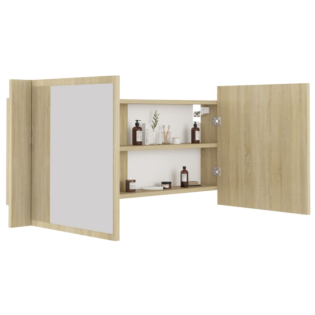 badeværelsesskab m. spejl og LED-lys 100x12x45 akryl sonoma-eg