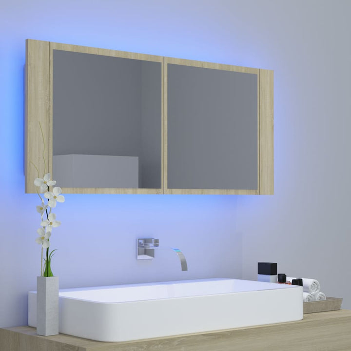 badeværelsesskab m. spejl og LED-lys 100x12x45 akryl sonoma-eg