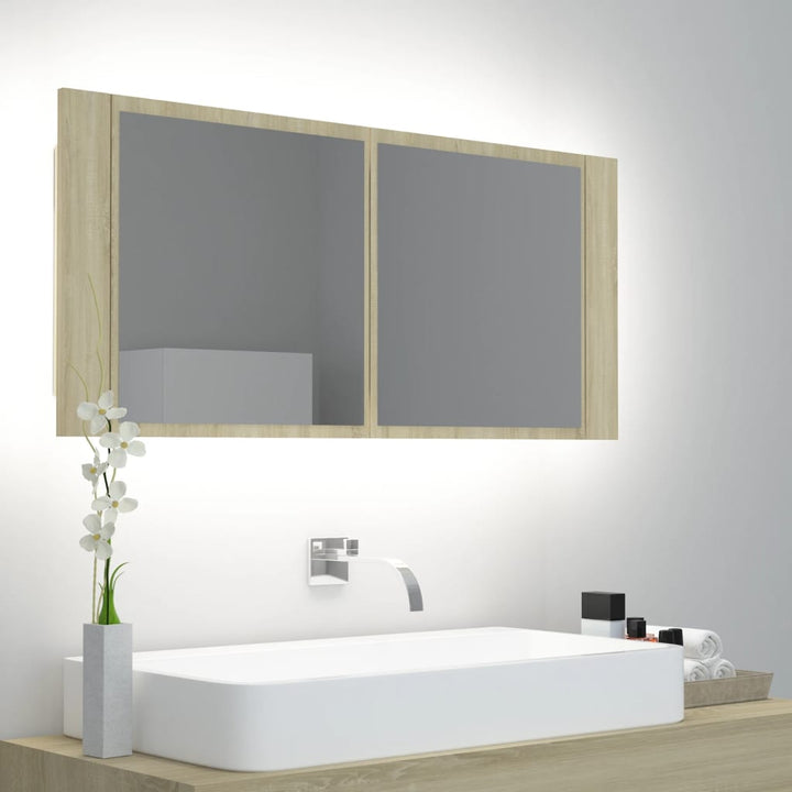 badeværelsesskab m. spejl og LED-lys 100x12x45 akryl sonoma-eg