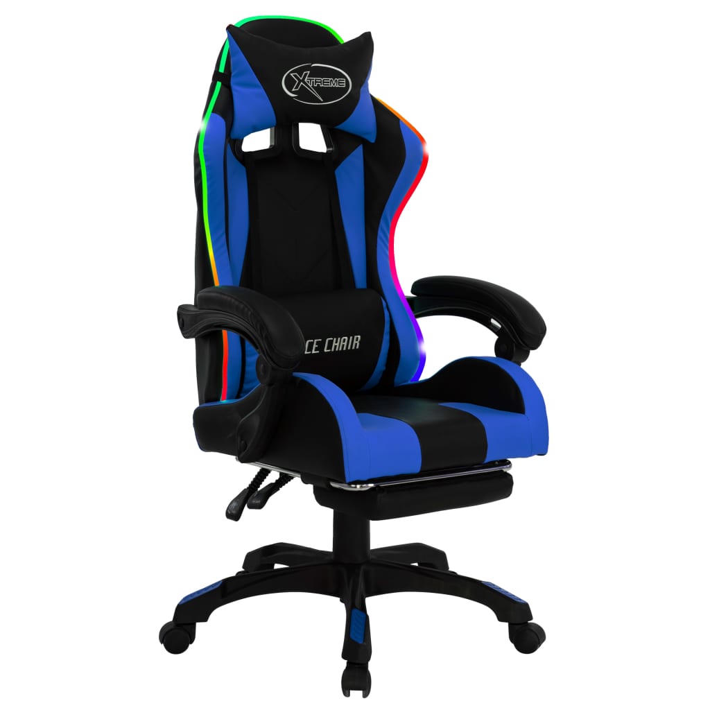 gamingstol m. LED-lys RGB-farver kunstlæder blå og sort