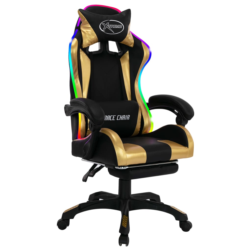 gamingstol m. LED-lys RGB-farver kunstlæder guld og sort