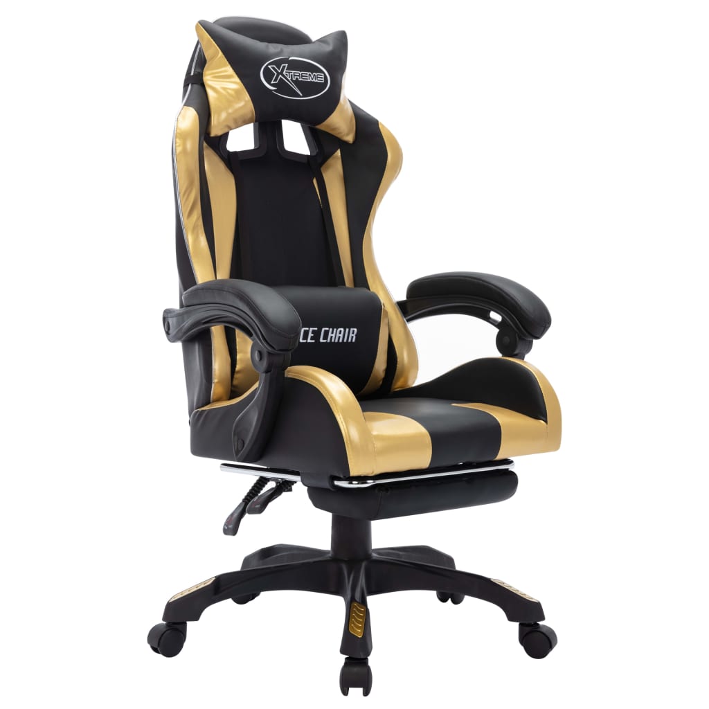 gamingstol m. LED-lys RGB-farver kunstlæder guld og sort