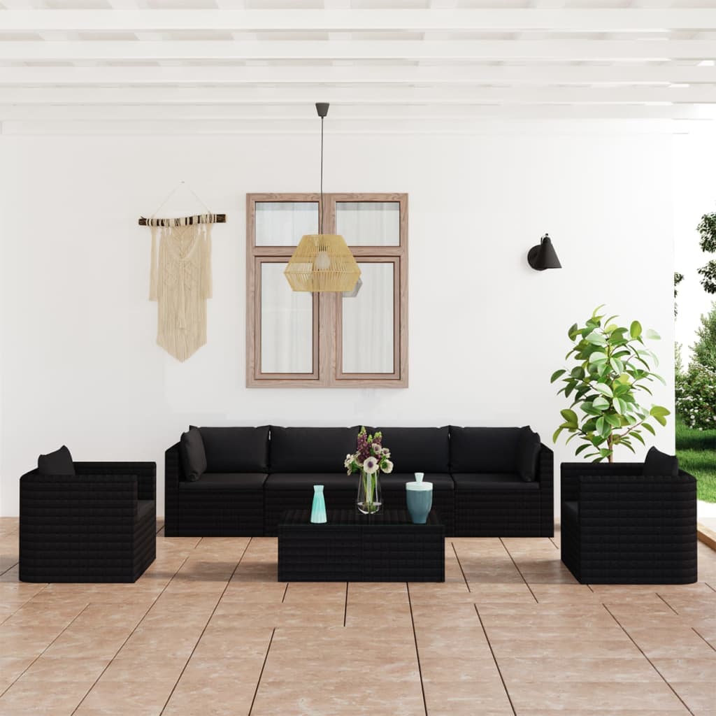 loungesæt til haven 7 dele med hynder polyrattan sort