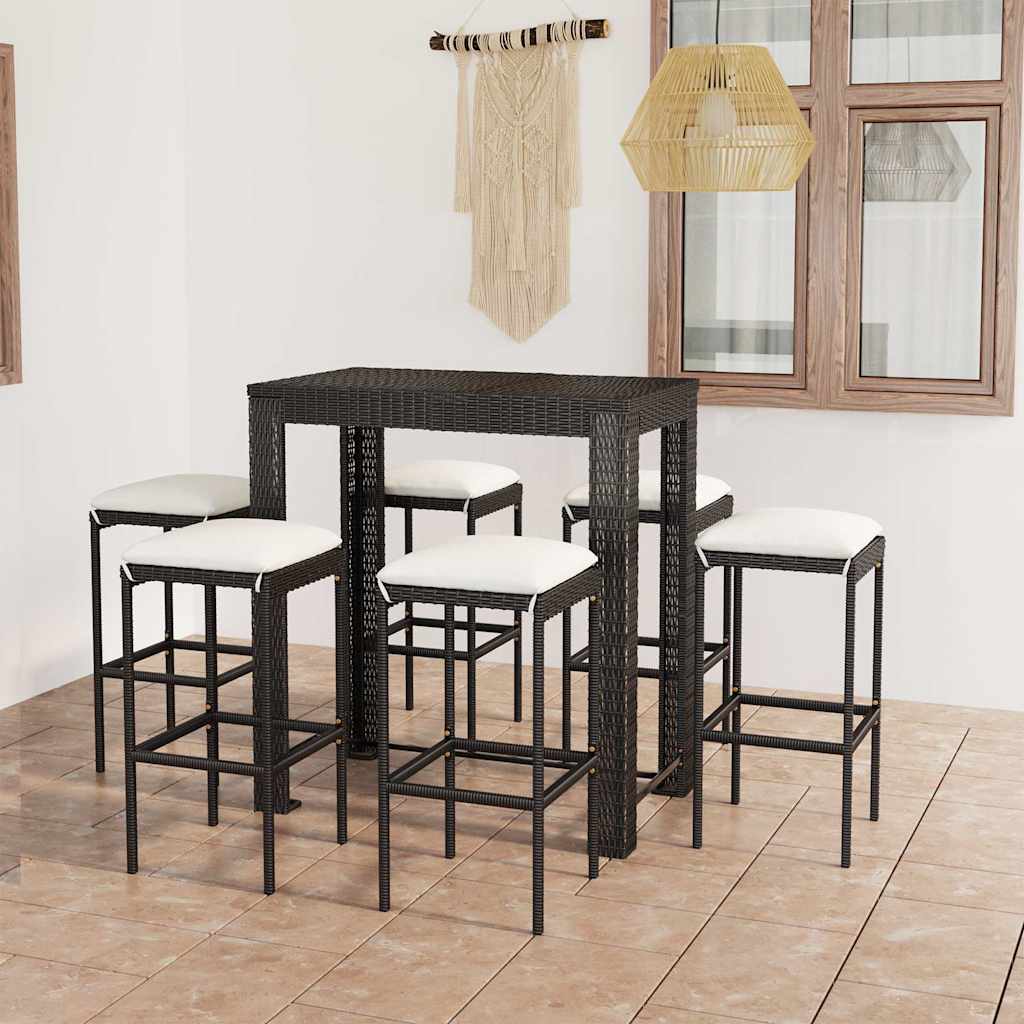 barsæt til haven 7 dele med hynder polyrattan sort