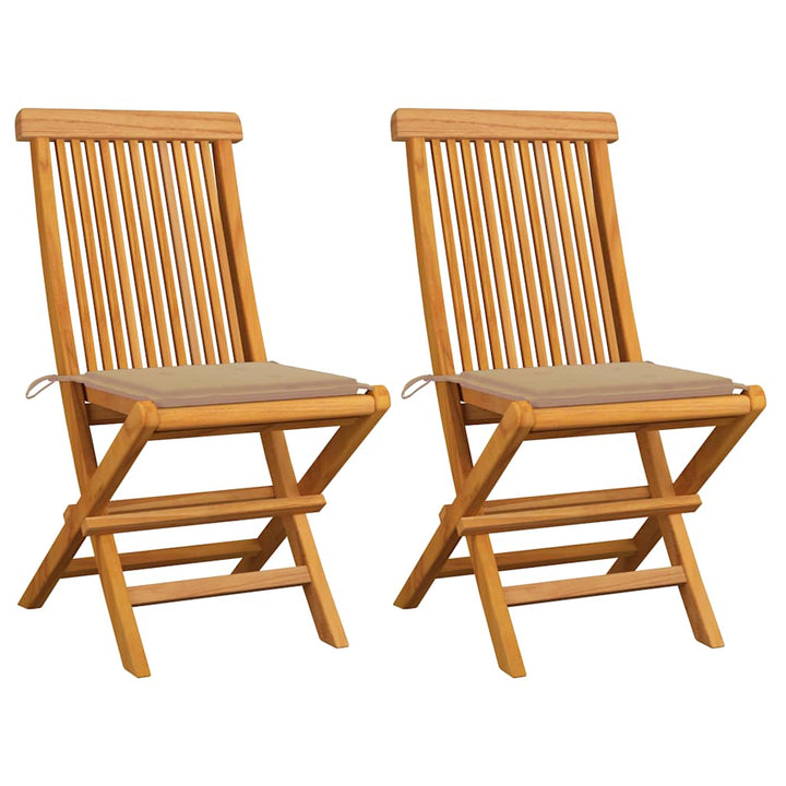 havestole med beige hynder 2 stk. massivt teaktræ