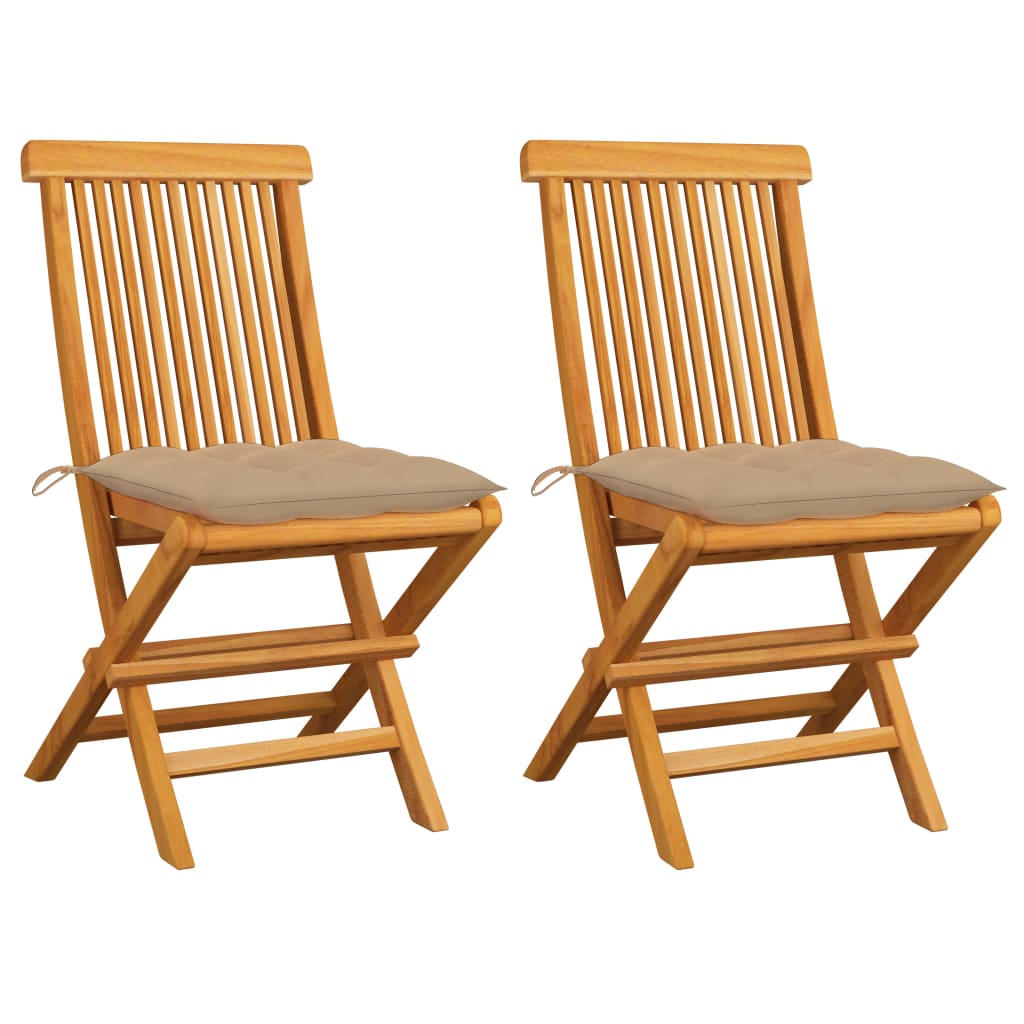 havestole med beige hynder 2 stk. massivt teaktræ