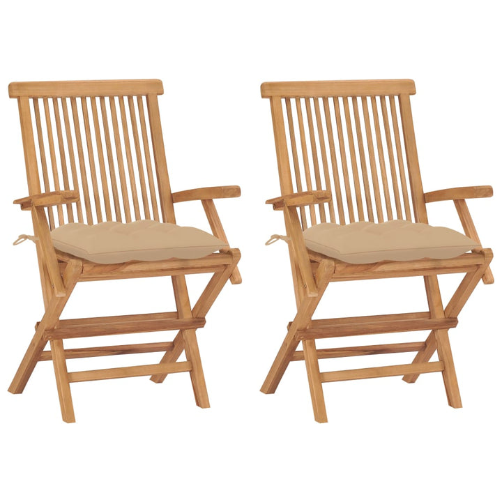 havestole med beige hynder 2 stk. massivt teaktræ