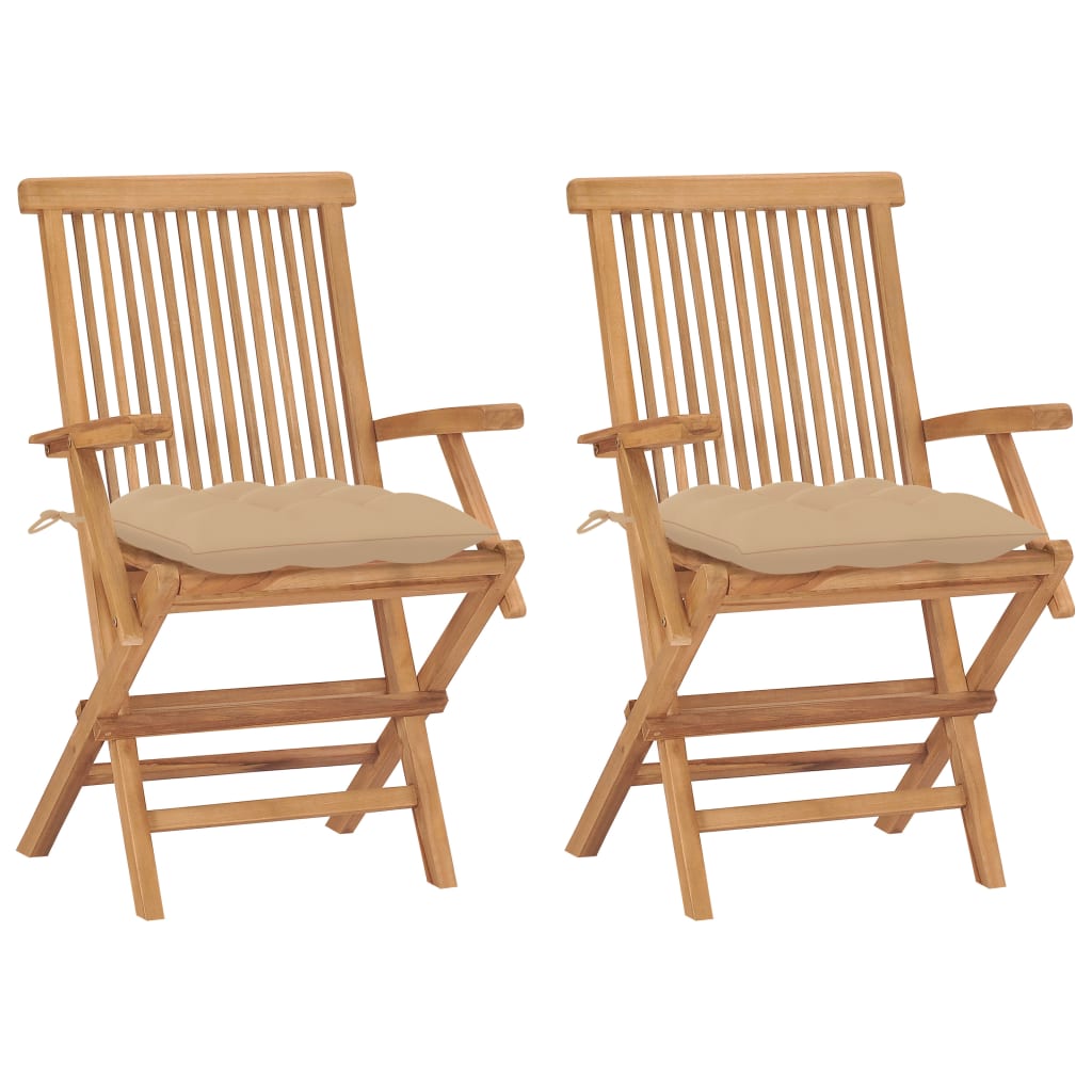 havestole med beige hynder 2 stk. massivt teaktræ