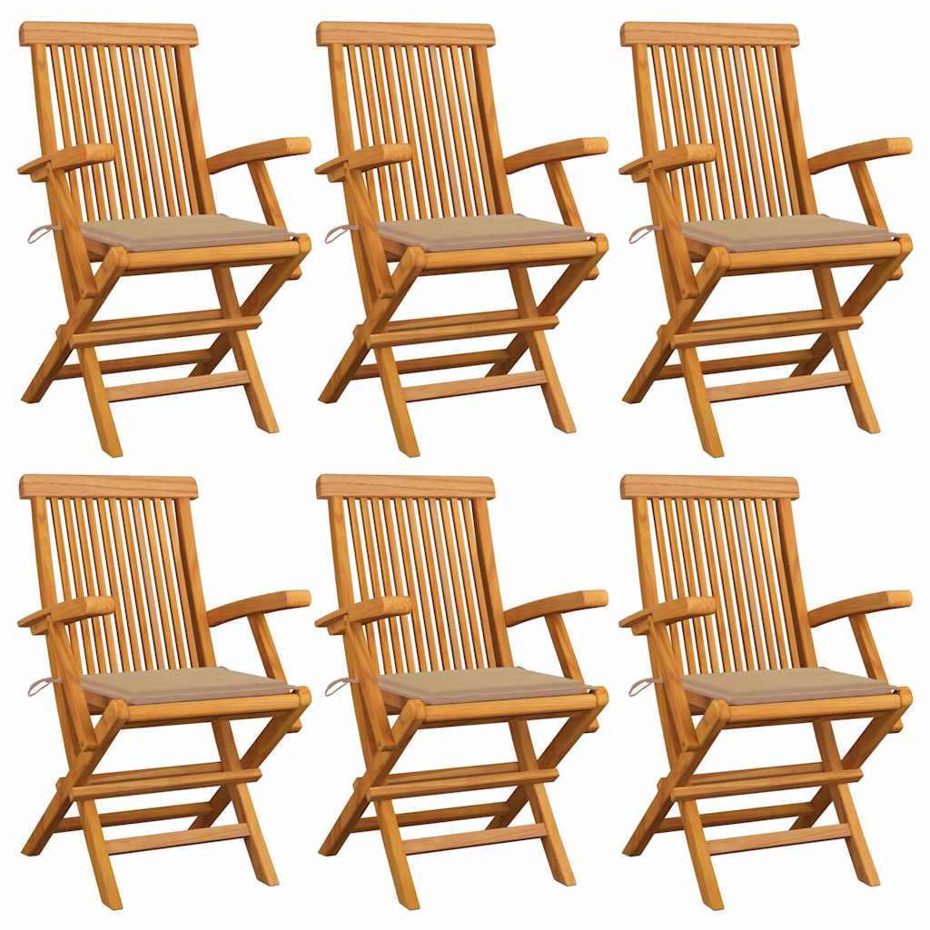 havestole med beige hynder 6 stk. massivt teaktræ