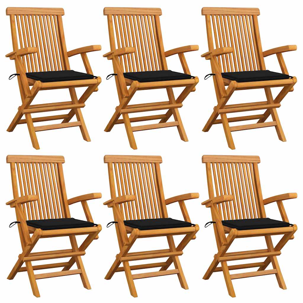 havestole med sorte hynder 6 stk. massivt teaktræ