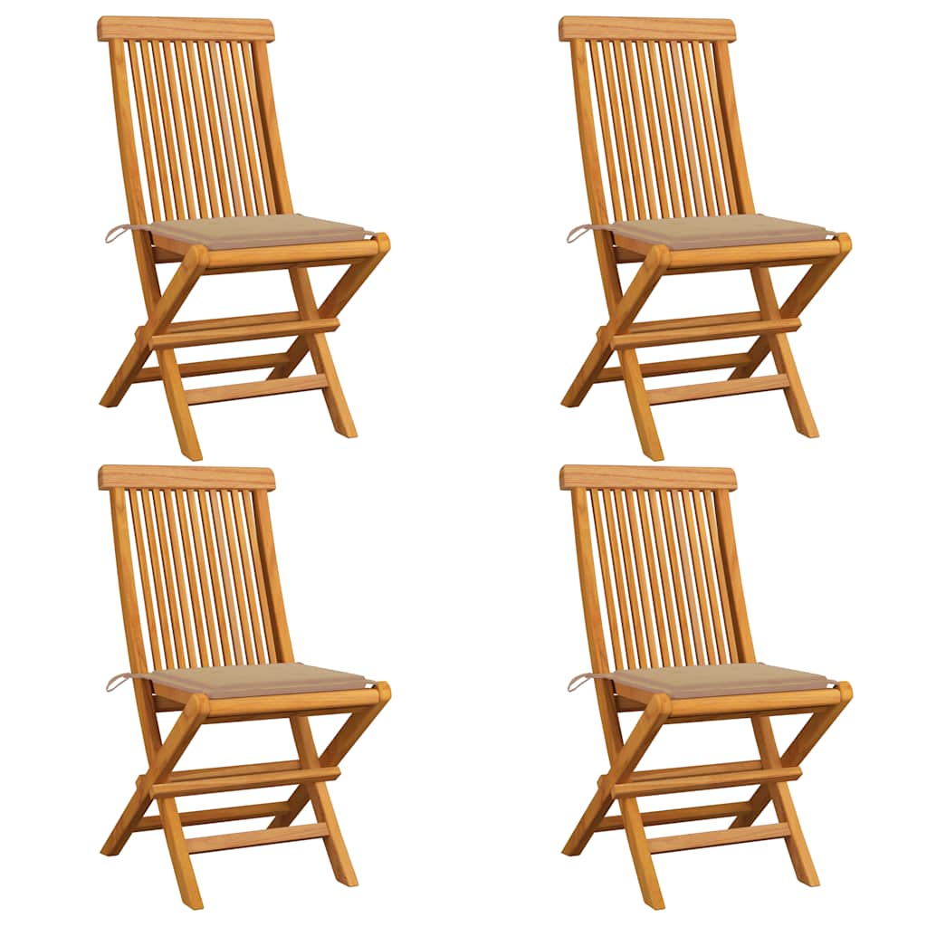 havestole med beige hynder 4 stk. massivt teaktræ