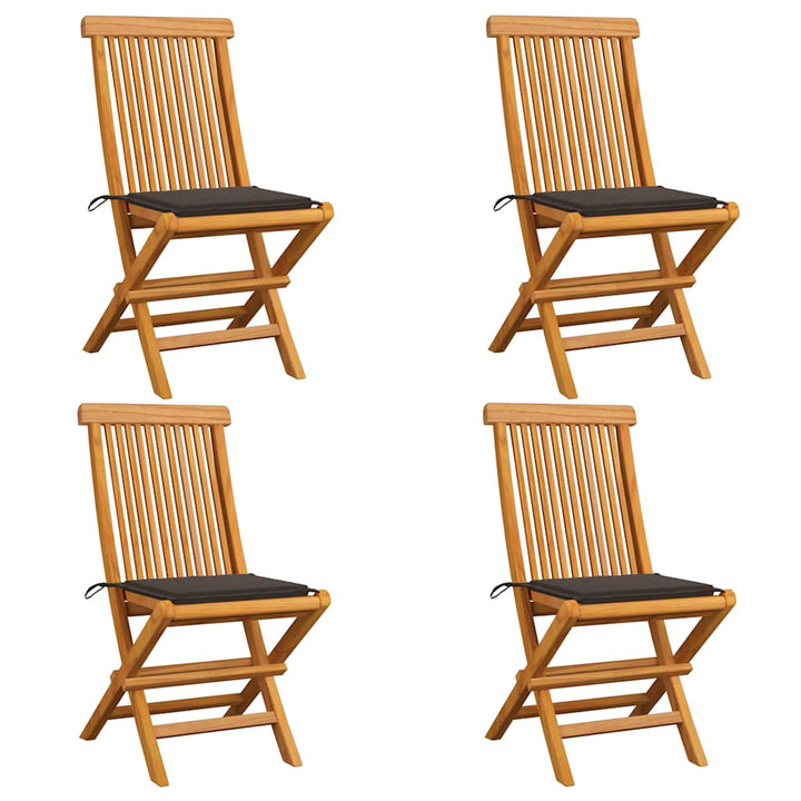 havestole med gråbrune hynder 4 stk. massivt teaktræ