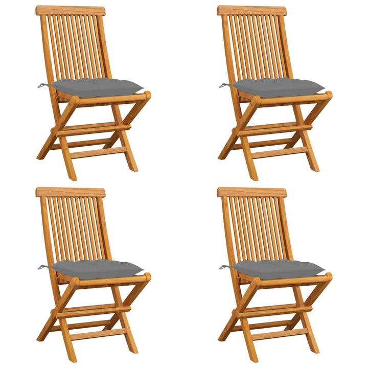 havestole med grå hynder 4 stk. massivt teaktræ