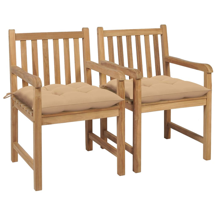 havestole 2 stk. med beige hynder massivt teaktræ