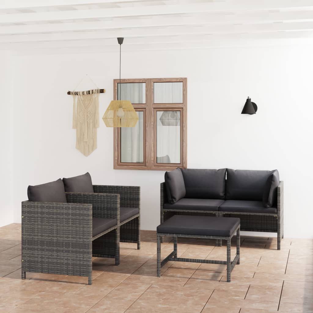 loungesæt til haven 5 dele med hynder polyrattan grå