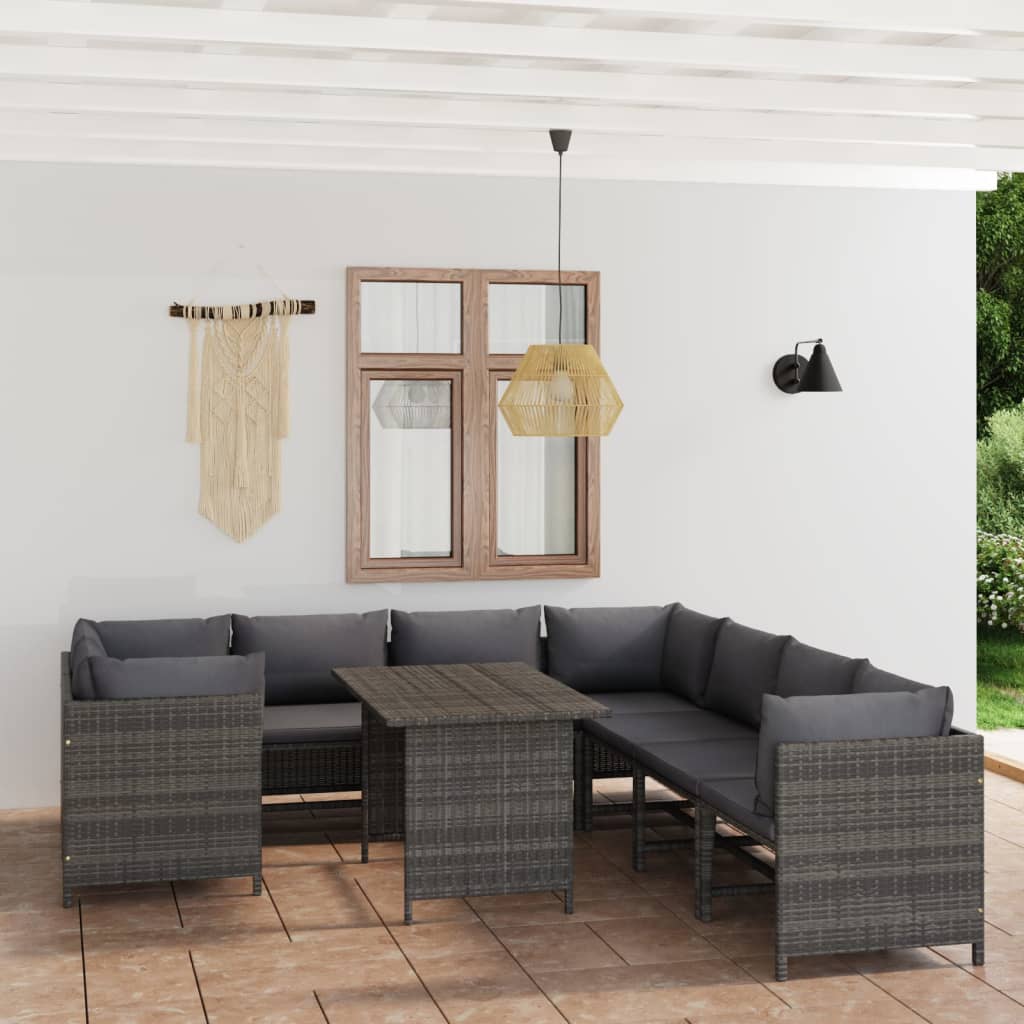 loungesæt til haven 9 dele med hynder polyrattan grå