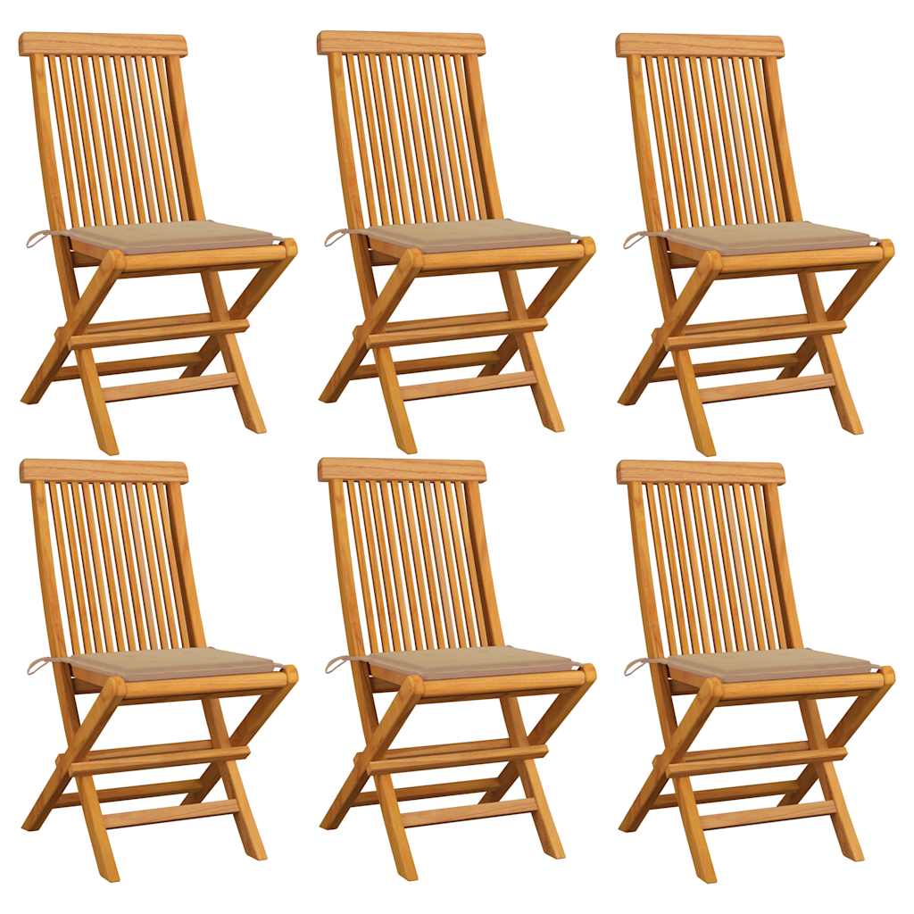 havestole med beige hynder 6 stk. massivt teaktræ