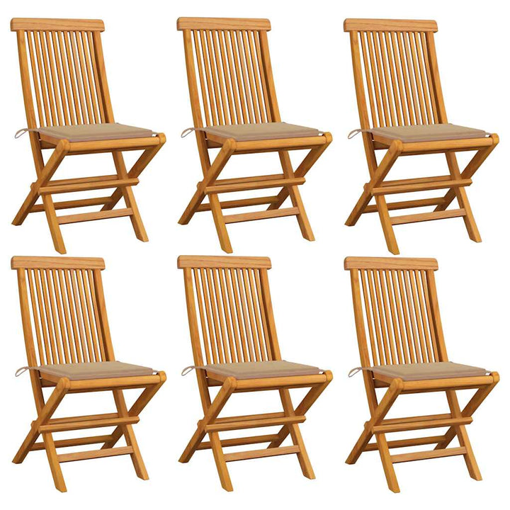 Klapstole med beige hynder 6 stk. massivt teaktræ