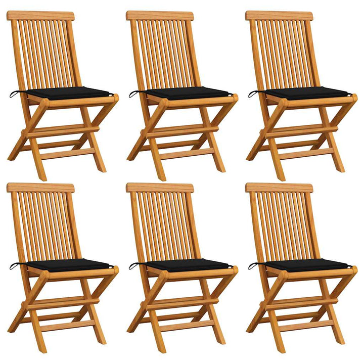 havestole med sorte hynder 6 stk. massivt teaktræ