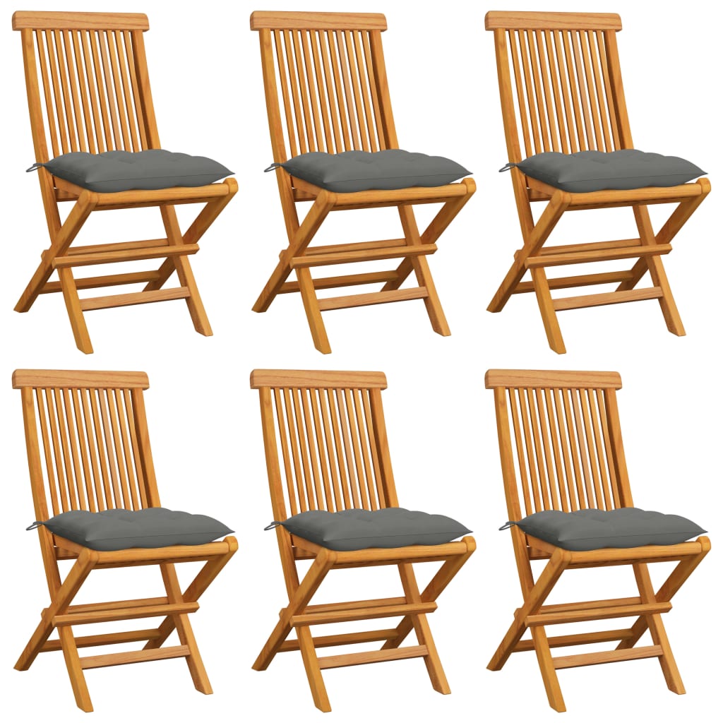 havestole med grå hynder 6 stk. massivt teaktræ