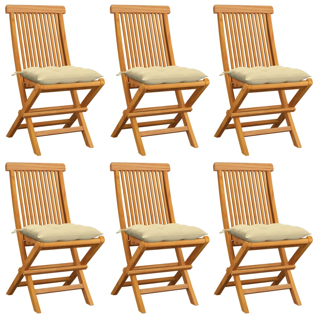 havestole med cremehvide hynder 6 stk. massivt teaktræ