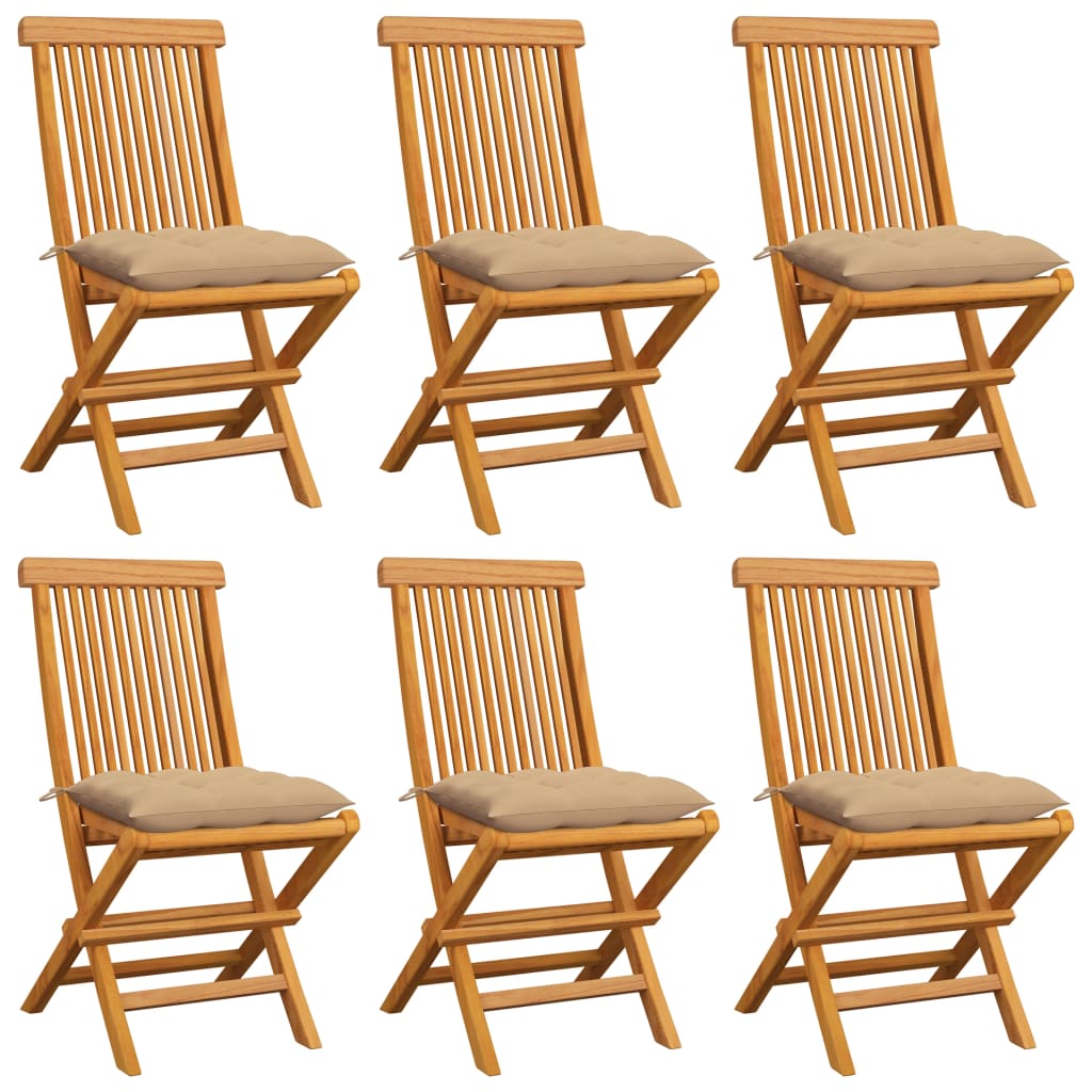 Klapstole med beige hynder 6 stk. massivt teaktræ