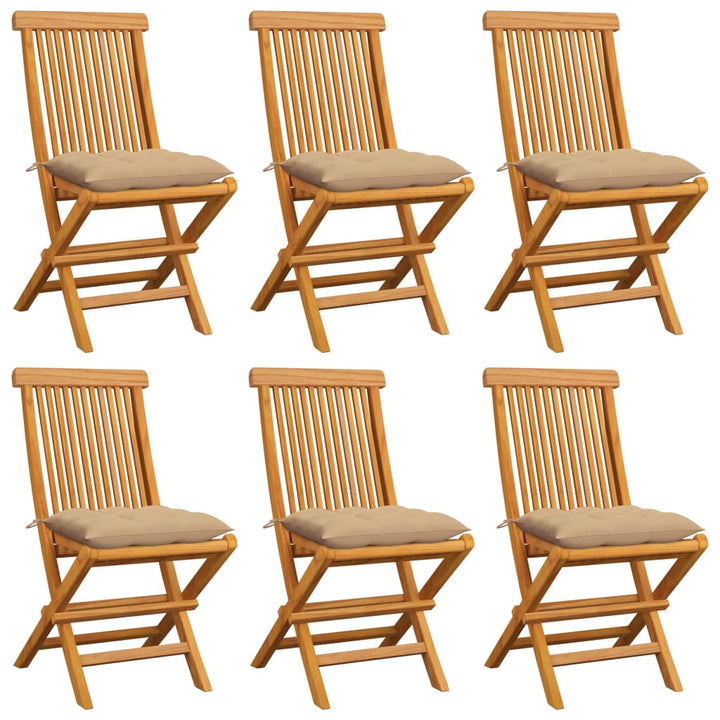 Klapstole med beige hynder 6 stk. massivt teaktræ