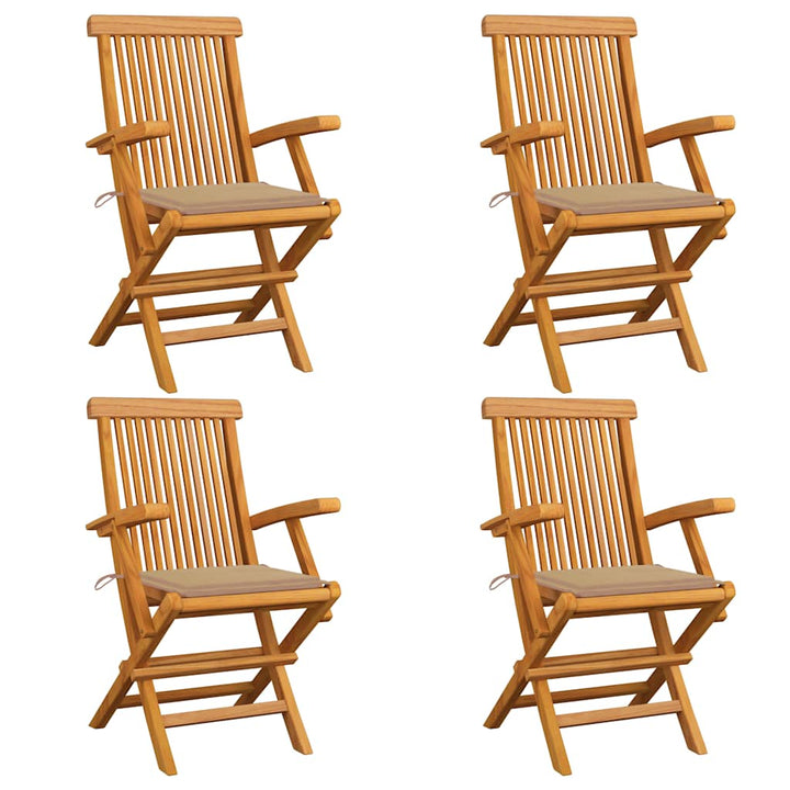 havestole med beige hynder 4 stk. massivt teaktræ