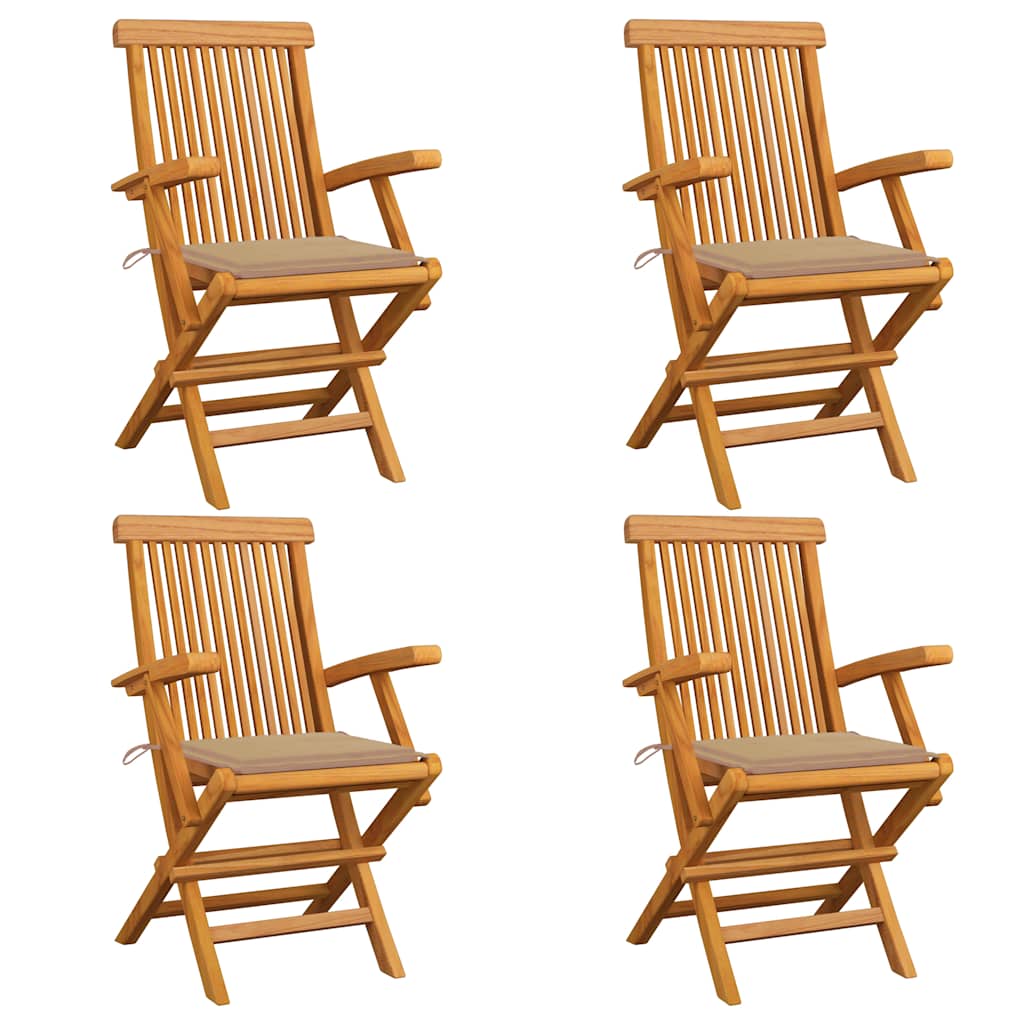 havestole med beige hynder 4 stk. massivt teaktræ
