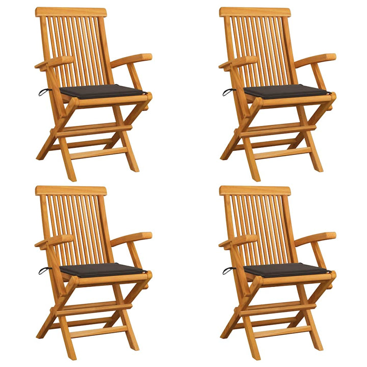 havestole med gråbrune hynder 4 stk. massivt teaktræ