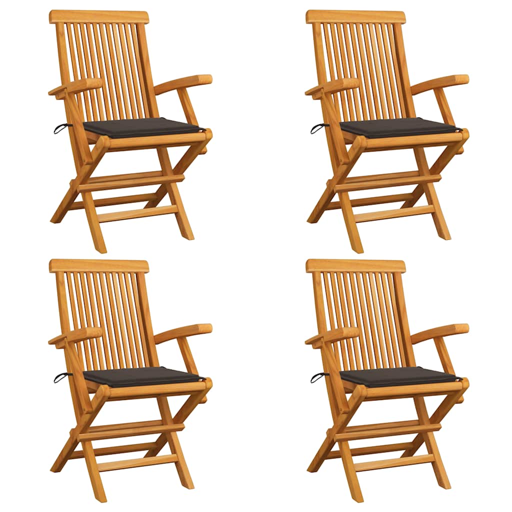 havestole med gråbrune hynder 4 stk. massivt teaktræ