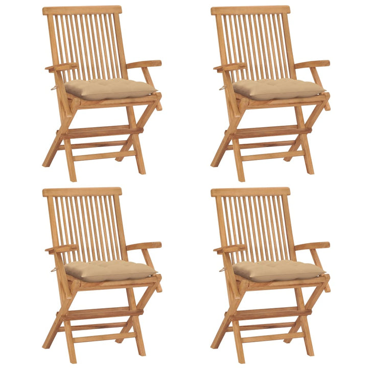 havestole med beige hynder 4 stk. massivt teaktræ
