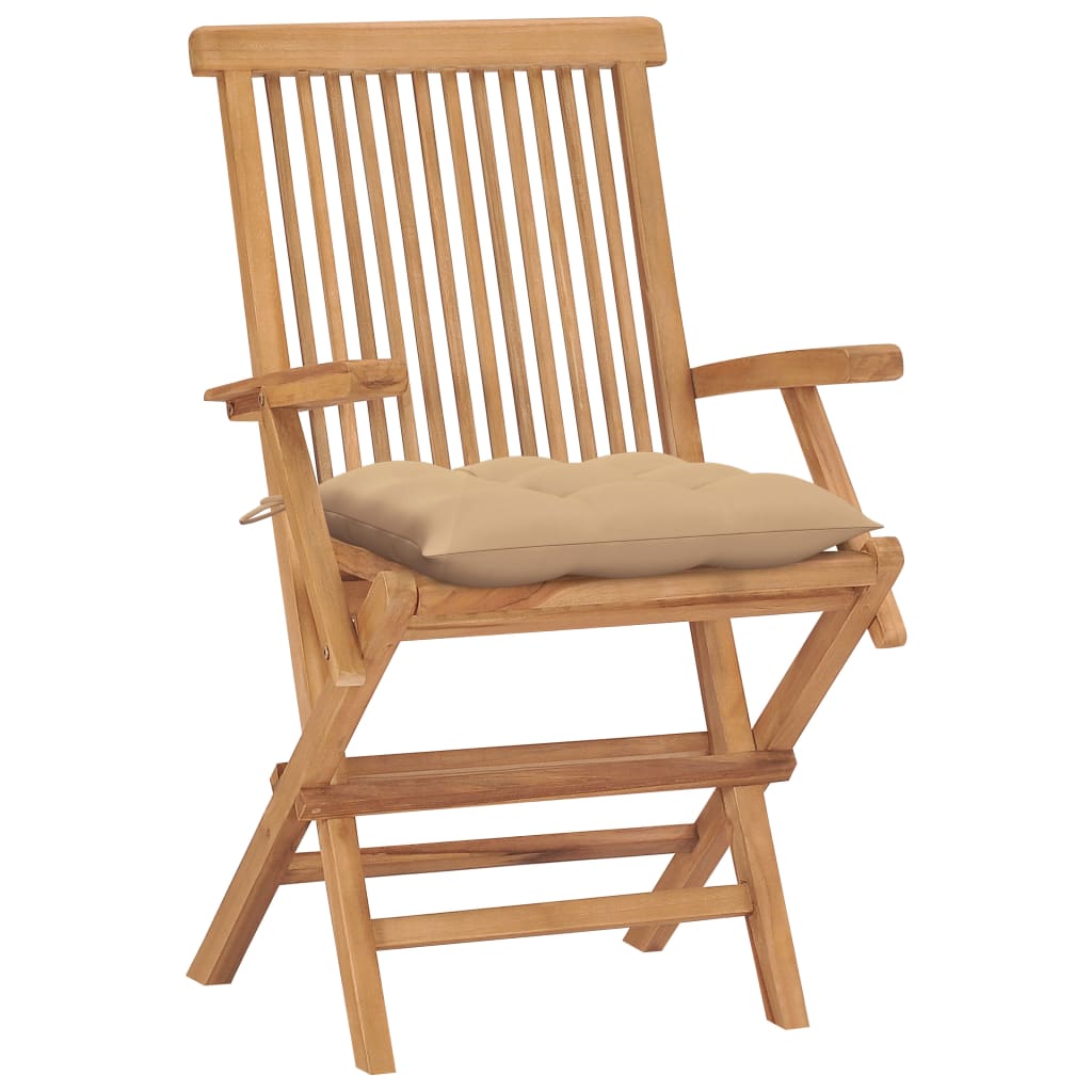 havestole med beige hynder 4 stk. massivt teaktræ