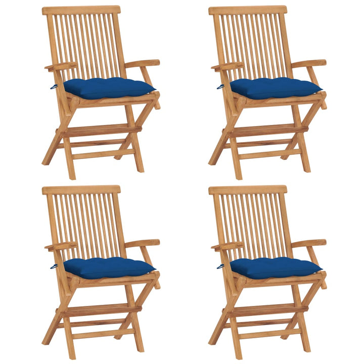 havestole med blå hynder 4 stk. massivt teaktræ