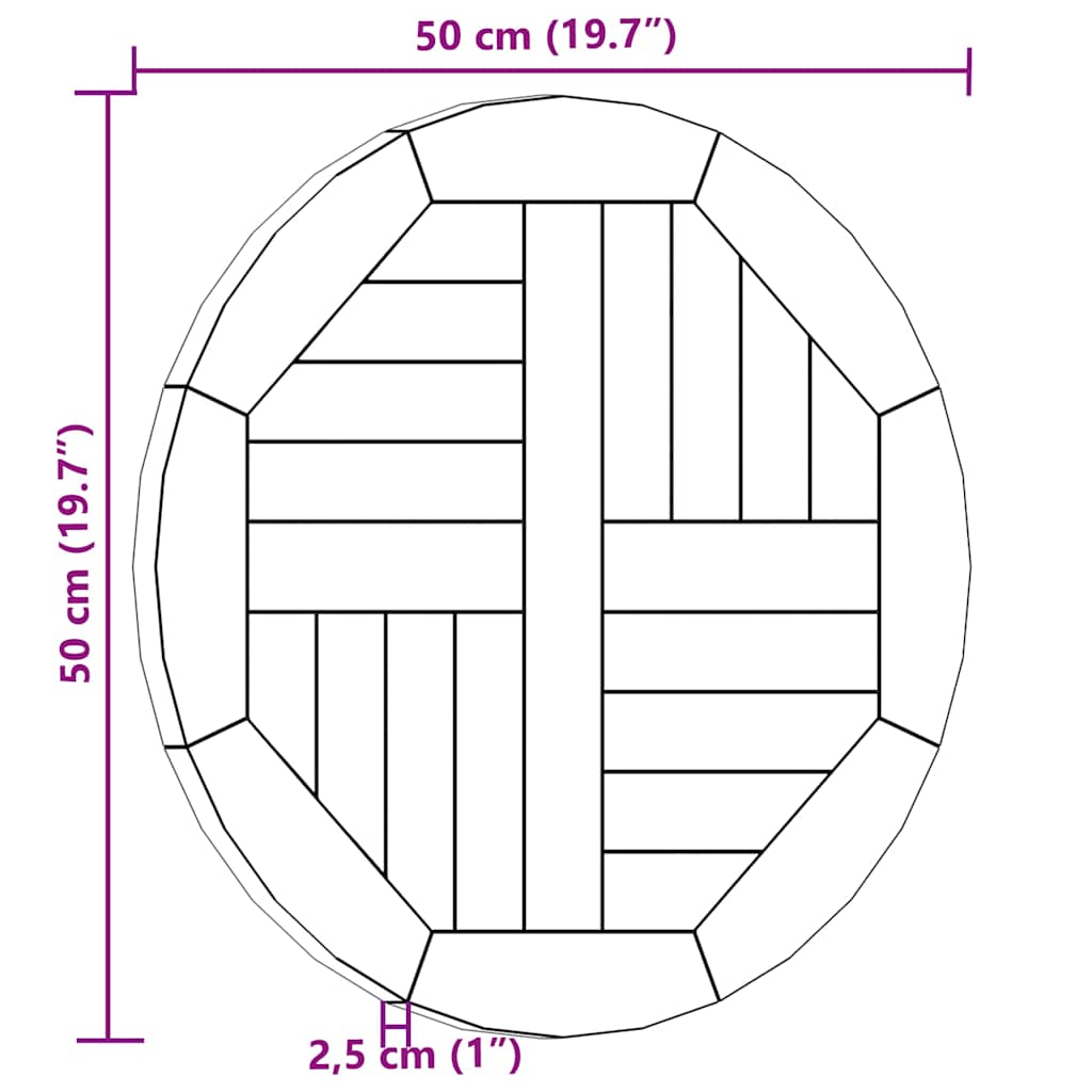 bordplade 2,5 cm 50 cm rund massivt teaktræ