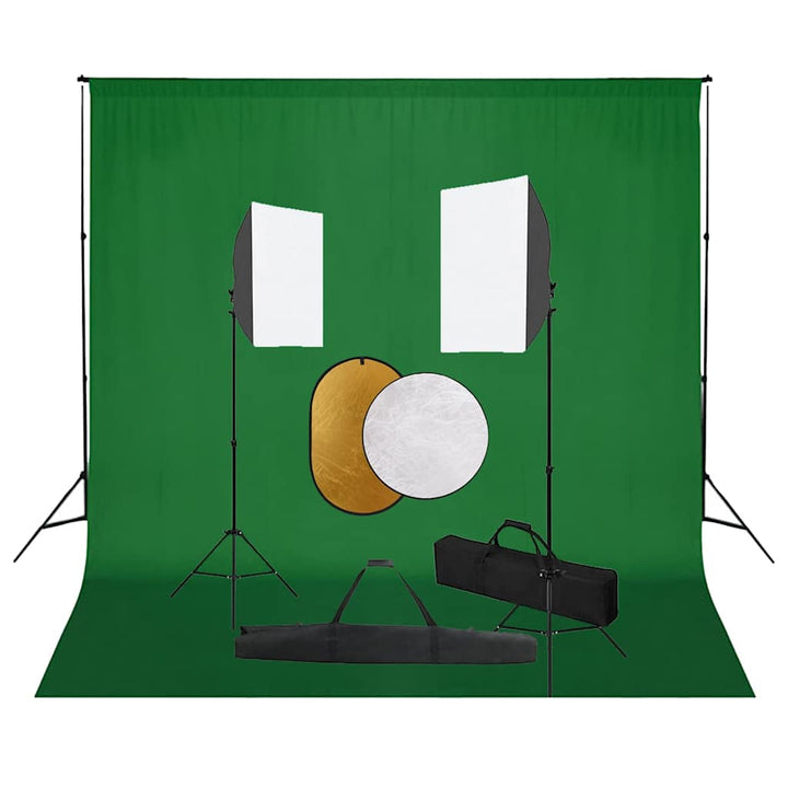 fotostudiesæt med softbox-lamper + baggrund og reflektor