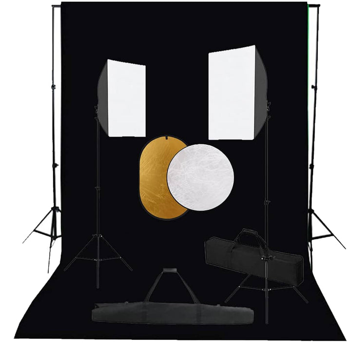 fotostudiesæt med softbox-lamper + baggrund og reflektor