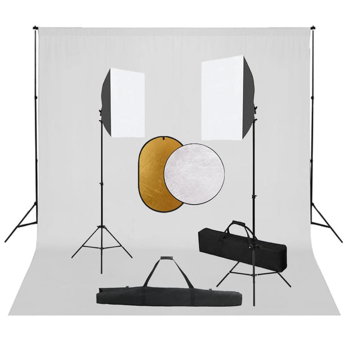 fotostudiesæt med softbox-lamper + baggrund og reflektor