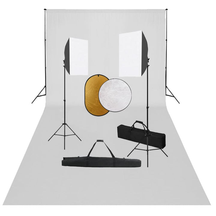 fotostudiesæt med softbox-lamper + baggrund og reflektor